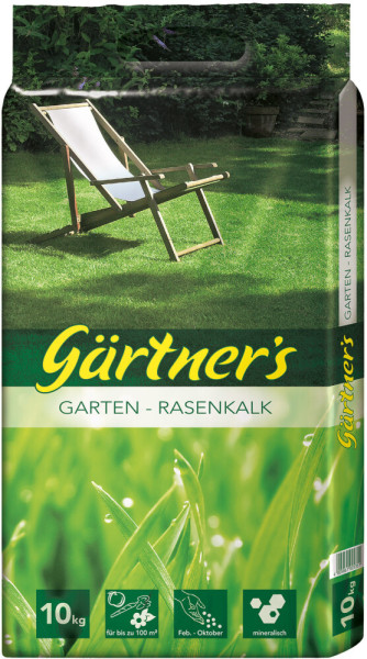 Produktbild von Gärtner`s Garten Rasenkalk in einer 10 kg Verpackung mit der Darstellung eines gepflegten Rasens und Informationen zur Anwendungsdauer von Februar bis Oktober.