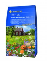 Produktbild von Kiepenkerl Nature niedrigwachsender Kräuterrasen Verpackung mit Produktbeschreibung und Abbildung einer bunten Blumenwiese.