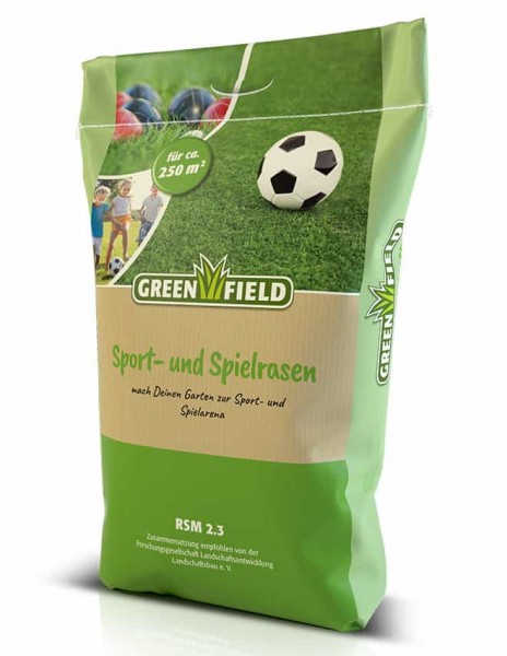 Produktbild von Greenfield Sport- und Spielrasen RSM 2.3 Verpackung mit Bildern von spielenden Kindern und einem Fußball darauf geeignet für circa 250 Quadratmeter Rasenfläche