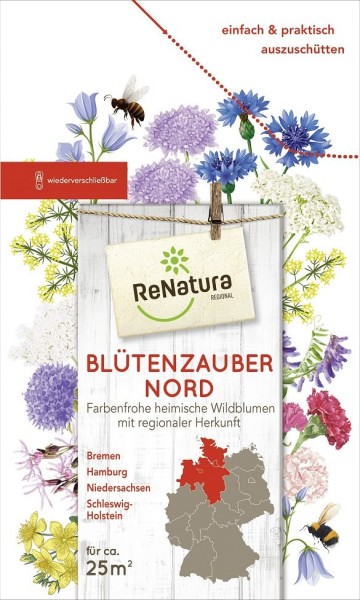 Produktbild von ReNatura Blütenzauber Nord mit verschiedenen farbenfrohen Wildblumen Illustrationen, einer Karte von Norddeutschland und Informationen über die regionale Herkunft der Samen.