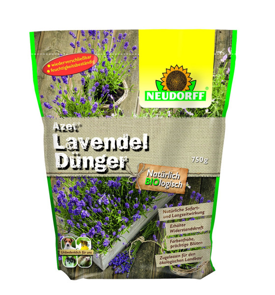 Produktbild von Neudorff Azet LavendelDünger Verpackung mit Lavendelabbildungen und Produktinformationen zu Inhalt und Bio-Siegel in deutscher Sprache.