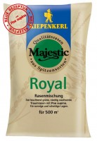 Produktbild von Majestic Royal Premium-Schattenrasen mit Poa supina Rasenmischung für 500 Quadratmeter in einer Verpackung mit Hinweis auf neue Rezeptur und...