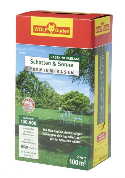 Produktbild von Wolf-Garten LP 100 Premium-Rasensamen Schatten und Sonne 2kg für 100qm mit Informationen zur Anwendung und Rasenqualität.