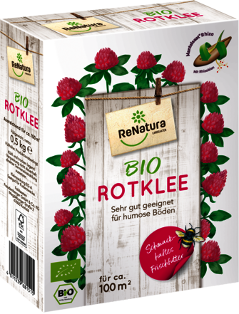 Produktverpackung von ReNatura Rotklee MSR Bio mit Abbildungen von roten Kleeblüten, Bio-Siegel und Hinweisen zur Bodeneignung sowie Anwendungsempfehlungen auf Deutsch.