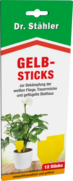 Produktbild von Dr. Stähler Gelbsticks zur Bekämpfung von Schädlingen wie weißen Fliegen und Trauermücken mit 12 Sticks in einer Verpackung die auch Informationen zu Anwendung und Umweltfreundlichkeit enthält.