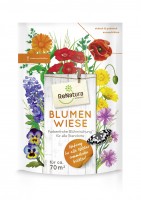 Produktbild von ReNatura Blumenwiese Verpackung mit Abbildungen verschiedener Blumen und Hinweisen zu Nutzen und Anwendbarkeit in deutscher Sprache.