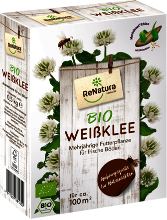 Produktbild von ReNatura Weißklee MSR Bio Saatgutverpackung mit Informationen zu ökologischem Anbau und Darstellung des Pflanzenwachstums.