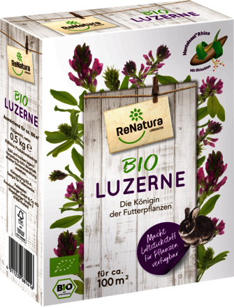 Produktbild von ReNatura Luzerne Bio MSR Verpackung mit Bildern der Pflanze und einem Hasen sowie Informationen zur biologischen Qualität und Flächenabdeckung in deutscher Sprache.