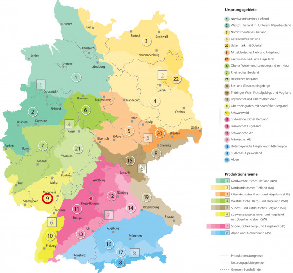 Produktbild der Rieger-Hofmann Blumenwiese zeigt eine farbige Deutschlandkarte mit Regionen, Ursprungsgebieten und Beschriftungen zur Kategorisierung von Saatgutmischungen.