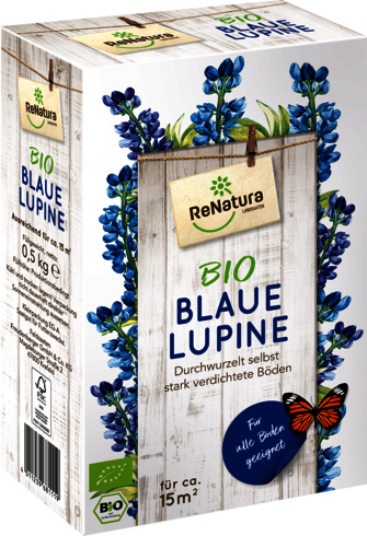 Produktbild von ReNatura blaue Lupine Bio mit blauen Blumen auf der Verpackung und Informationen zu Aussaat und Bodenbeschaffenheit in deutscher Sprache.
