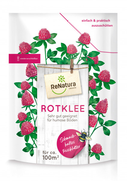 Produktbild von ReNatura Rotklee Verpackung mit Illustrationen von rotem Klee und Angaben zur Eignung für humose Böden sowie Hinweisen zur praktischen Wiederverschließbarkeit und einer Biene auf der Vorderseite.