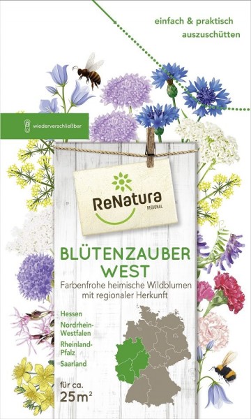 Produktbild von ReNatura Blütenzauber Regional mit Darstellung von Wildblumen, einer Biene und Informationen zu den Regionen Hessen, Nordrhein-Westfalen, Rheinland-Pfalz und Saarland sowie Hinweisen zur Flächenabdeckung.