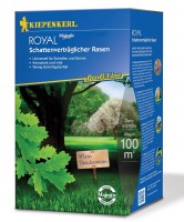 Produktbild von Kiepenkerl Profi Line Royal Schattenrasen mit Angaben zu Eigenschaften und Anwendungsanleitung auf der Verpackung, umgeben von einer grünen...