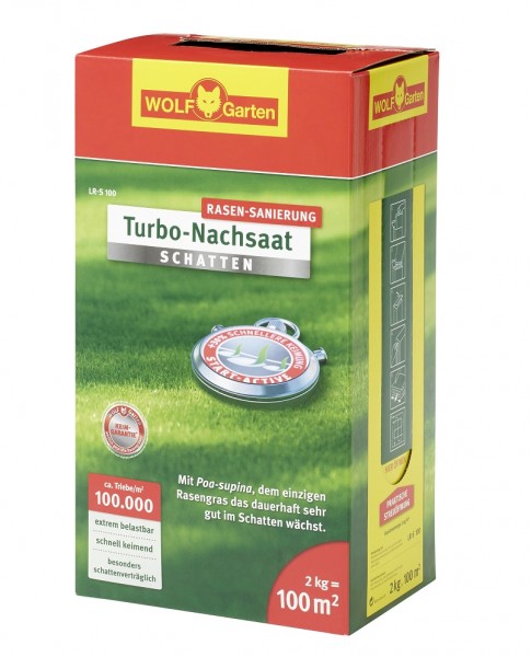 Produktbild von Wolf-Garten LR-S 100 Turbo-Nachsaat Schatten Verpackung für Rasen-Sanierung angegeben für 100 Quadratmeter mit Produktinformationen und grüner Rasenfläche im Hintergrund.