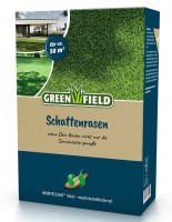 Produktbild von Greenfield Schattenrasen Mantelsaat Vital mit Angaben zur Anwendungsfläche und wachstumsfördernden Eigenschaften auf der Verpackung in...