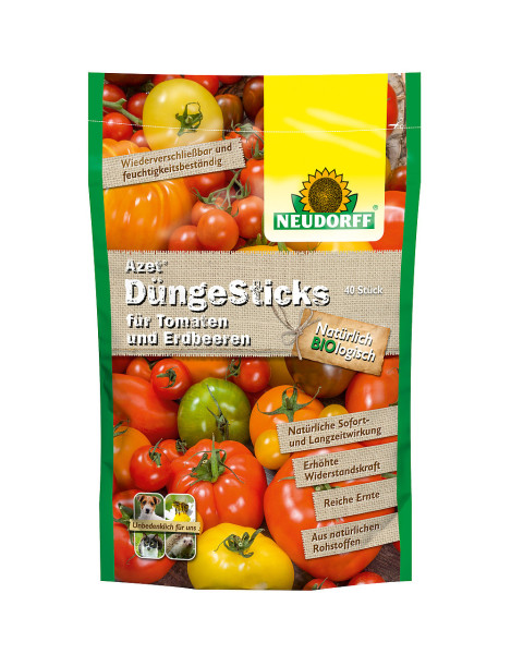 Produktbild von Neudorff Azet DüngeSticks für Tomaten und Erdbeeren Verpackung mit 40 Sticks und verschiedenen Tomatensorten im Hintergrund.