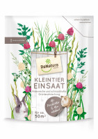 Produktbild von ReNatura Kleintiersaat mit Darstellung verschiedener Grünpflanzen Bilder von einem Kaninchen und einem Hamster sowie Informationen zum...