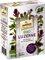 Produktbild von ReNatura Luzerne Bio MSR Verpackung mit Bildern der Pflanze und einem Hasen sowie Informationen zur biologischen Qualität und...