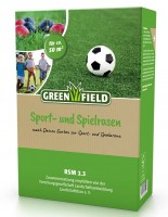 Produktbild von Greenfield Sport und Spielrasen RSM 2.3 Verpackung mit der Angabe für circa 50 Quadratmeter Rasenfläche und empfohlener Zusammensetzung für...