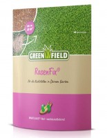 Produktverpackung von Greenfield RasenFix Mantelsaat Vital mit Hinweis für etwa 10m² Fläche geeignet und Beschreibung als vitalisierend sowie...