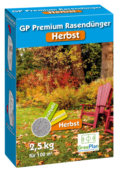 Produktbild von GP Premium Herbst Rasendünger Verpackung mit 2, 5, kg Inhalt für 100 m² und GreePlan Logo, illustriert mit einer herbstlichen Gartenansicht und einer Gartenbank.