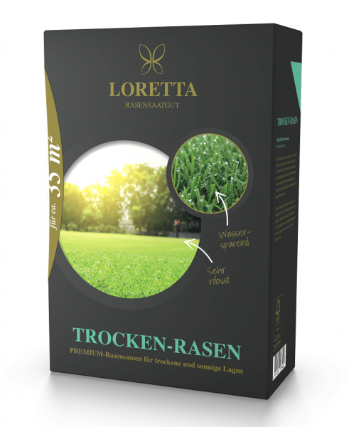 Produktbild von Loretta Trocken-Rasen Premiumrasen mit Mantelsaat Verpackung, auf dem die Vorderseite mit Rasenbildern, Produktfeatures und Markenlogo zu sehen ist.