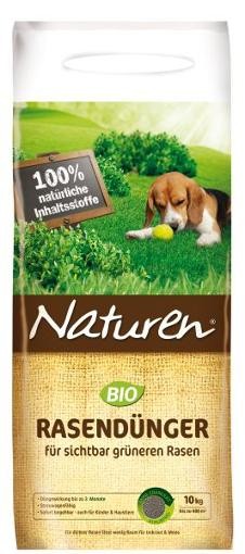 Produktbild von NATUREN Bio Rasenduenger fuer 250qm 10 kg Verpackung mit einem Hund auf einem gruenen Rasen darauf und Produktinformationen auf Deutsch.