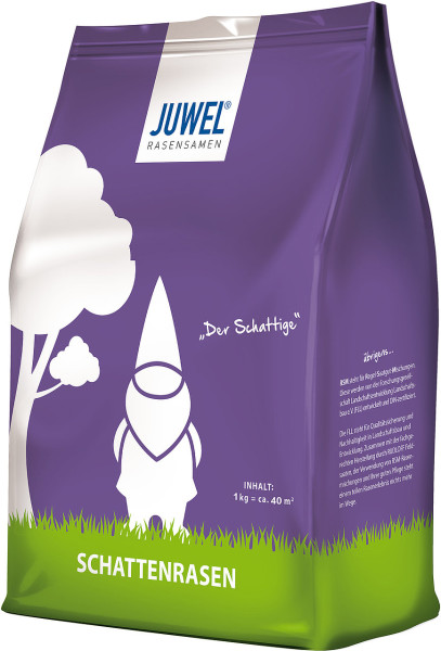 Produktbild von JUWEL Schattenrasen Rasensamen Verpackung lila und grün mit weißer Raketenillustration und Angaben zum Inhalt von 1kg für ca. 40 m² Rasenfläche.