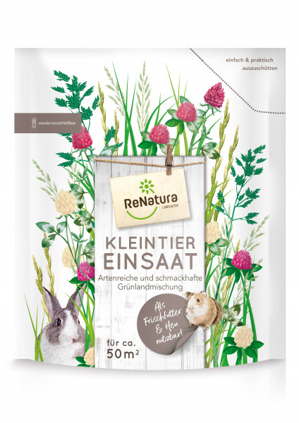 Produktbild von ReNatura Kleintiersaat mit Darstellung verschiedener Grünpflanzen Bilder von einem Kaninchen und einem Hamster sowie Informationen zum Produkt als artenreiche und schmackhafte Grünlandmischung nutzbar als Frischfutter und Heu auf Deutsch.