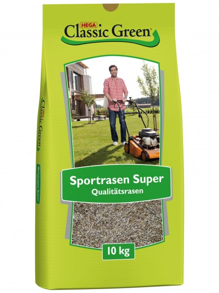 Produktbild von Classic Green Sportrasen Super Rasensamen Verpackung mit einem Mann, der einen Rasenmäher auf gepflegtem Rasen schiebt, und Gewichtsangabe von 10 kg.