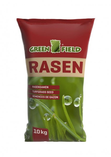 Produktbild von Greenfield American Green Trockenrasen Rasensamen in einer roten 10 kg Verpackung mit Markenlogo und Grashalmen mit Wassertropfen.