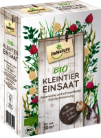 Produktbild von ReNatura Kleintiereinsaat Bio Verpackung mit Hinweisen zur artenreichen und schmackhaften Grünlandmischung für Kleintiere auf Deutsch.