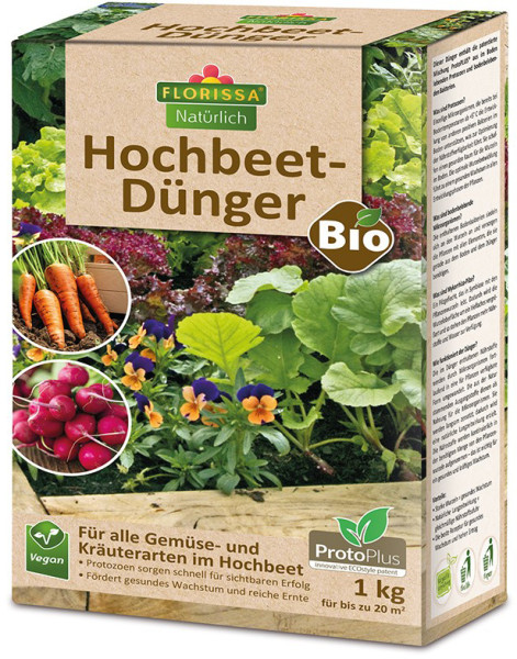 Produktbild von Florissa Hochbeet-Dünger in Bio-Qualität mit 1kg Verpackung und Hinweisen zu Anwendung und Eigenschaften.
