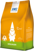 Produktbild von JUWEL Spielrasen RSM 2.3 Verpackung in Orange mit Rasensamen, darstellend einen Fussball und ein Tor, Inhalt 1kg für circa 40 Quadratmeter...