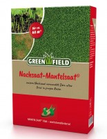 Produktbild von Greenfield Nachsaat-Mantelsaat Vital Verpackung mit Rasenbild und Informationen zur Flächenabdeckung sowie Wachstumsförderung auf Deutsch