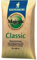 Produktbild von Majestic Classic Premium-Universalrasen mit Hinweisen auf Strapazierfaehigkeit und Pflegeleichtigkeit fuer 500 Quadratmeter