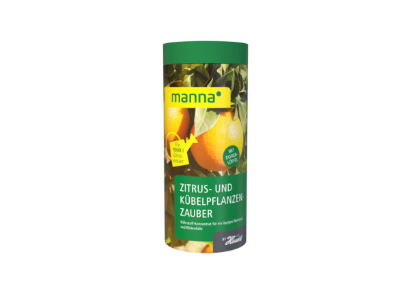 Produktbild von MANNA Zitrus- und Kübelpflanzenzauber 1kg mit Dosierlöffel und Hinweis für 1000 l Gießwasser.