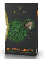 Produktbild von Loretta Rasen-Reparatur Premiumnachsaat mit Mantelsaat Verpackung zeigt Informationen zu Rasensamen für schadhafte und lückige Flächen sowie...