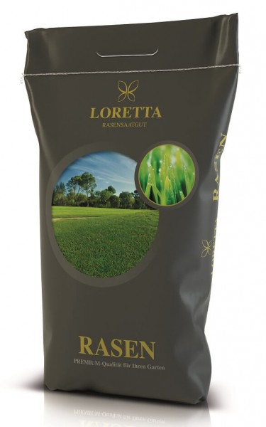 Produktbild von Loretta Trocken-Rasen Premiumrasen mit Mantelsaat in einer dunklen Verpackung mit einem Bild von grünem Rasen und Produktinformationen in deutscher Sprache.