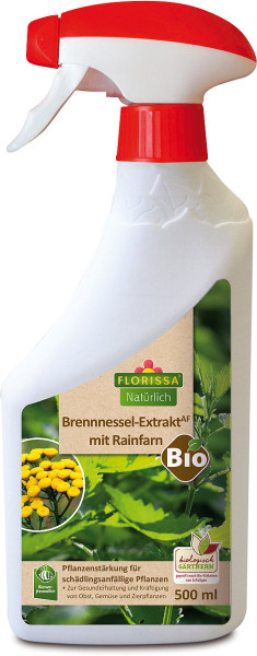Produktbild von Florissa Brennnessel Extrakt mit Rainfarn in einer 500ml Sprühflasche mit Etikettierung und Bio-Siegel