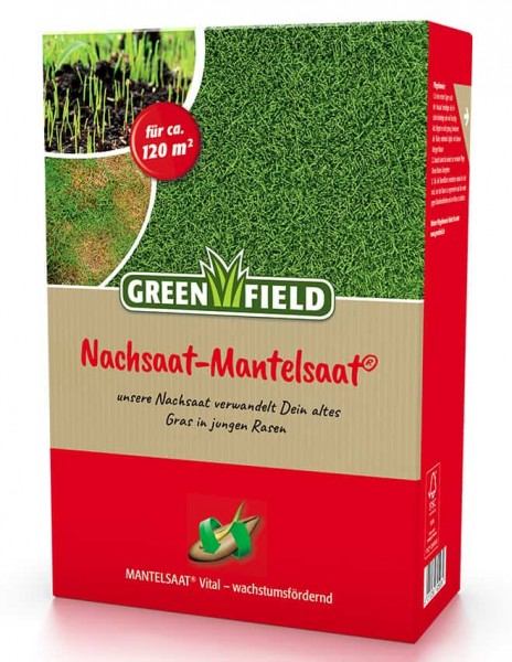 Produktbild von Greenfield Nachsaat-Mantelsaat Vital Rasensamenpackung für bis zu 120 Quadratmeter mit Hinweisen zur Rasenverbesserung.