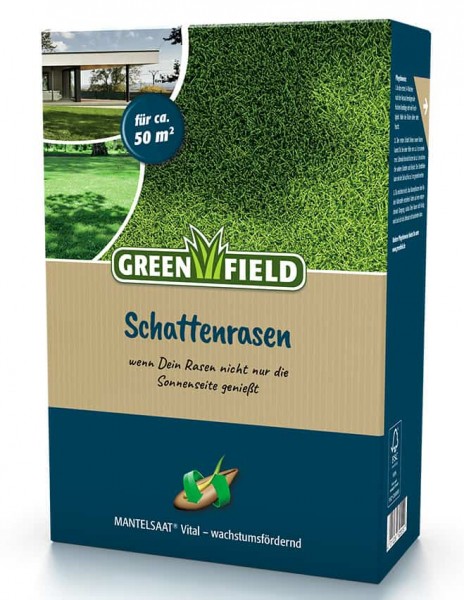 Produktbild von Greenfield Schattenrasen Mantelsaat Vital mit Angaben zur Anwendungsfläche und wachstumsfördernden Eigenschaften auf der Verpackung in deutscher Sprache.