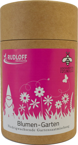 Produktbild von Rudloff Blumen-Garten niedrigwachsend 200g Saatgutmischung mit bienen- und insektenfreundlichem Hinweis in einer braunen Verpackung mit pinkfarbenem Etikett.