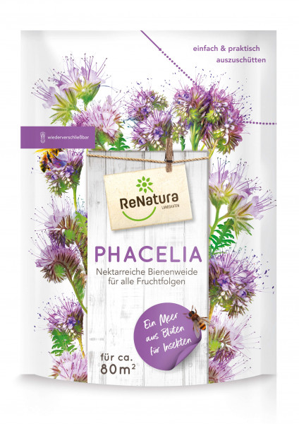 Produktbild der ReNatura Phacelia Mantelsaat Verpackung mit Abbildungen von Blüten und einer Biene sowie Informationen zur Bienenweide und der Flächenabdeckung in deutscher Sprache.