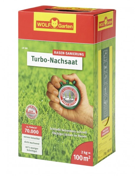 Produktbild von Wolf-Garten LR 100 Turbo-Nachsaat für 100qm, 2, kg Verpackung mit Hinweisen zu Keimgarantie, Belastbarkeit, Wachstumseigenschaften und Flächenabdeckung.