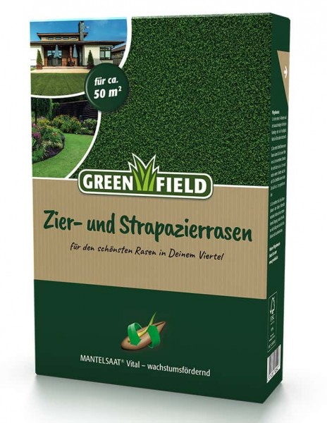 Produktbild von Greenfield Zier und Strapazierrasen Mantelsaat Vital Rasensamen Verpackung mit Angaben zur Flachenabdeckung und wachstumsfordernden Eigenschaften.