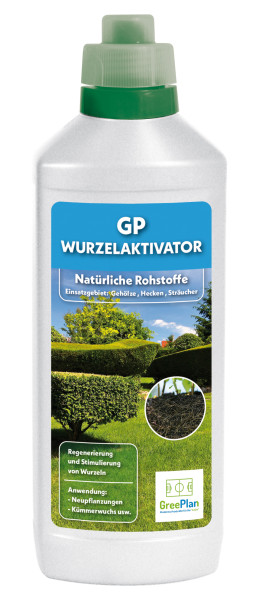 Produktbild von GP Wurzelaktivator in einer Flasche mit Kennzeichnungen für natürliche Rohstoffe Einsatzgebiet für Gehölze Hecken Sträucher sowie Informationen zur Regeneration und Stimulation von Wurzeln und Anwendungshinweisen