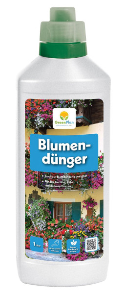 Produktbild von GreenPlan GP Blumendünger in einer 1-Liter-Flasche mit Hinweisen zur Eignung für alle Garten- Kübel- und Balkonpflanzen sowie Informationen zur Blattdüngung.