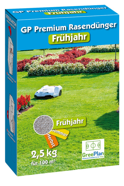 Produktbild von GP Premium Rasendünger Frühjahr Verpackung mit Gartenhintergrund und Hinweis auf 2, 5, kg Inhalt für 100 Quadratmeter Rasenfläche.