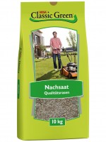 Produktbild von Hega Classic Green Rasen Nachsaat-Reparatur Verpackung mit Größenangabe 10 kg und Abbildung eines Mannes mit Rasenmäher.